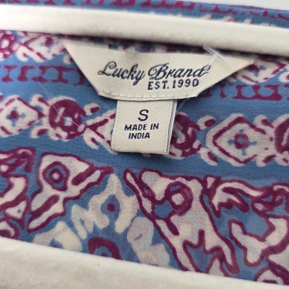 Lucky Brand Floral Boho Blouse Small Magenta Purple Blue Henley Chiffon Top - Picture 3 of 9